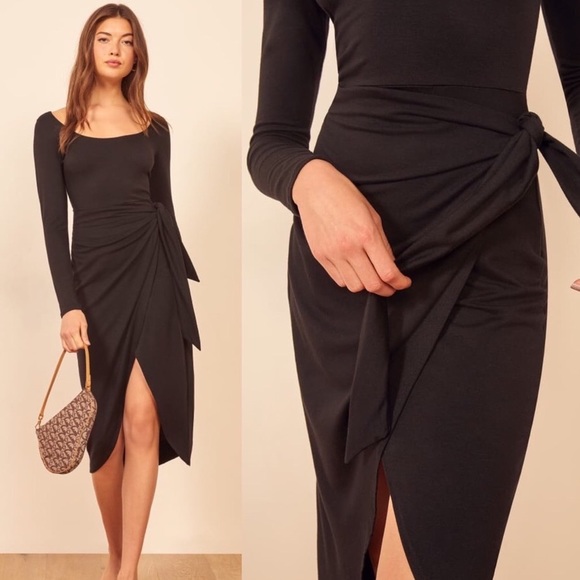 Reformation Jeans Elisa Black Wrap Midi Dress Sz M